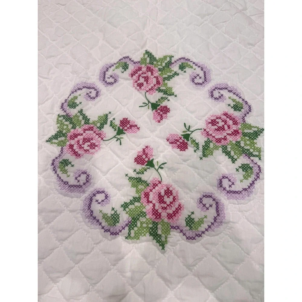 Vintage Handmade Cross Stitch Floral Quilt Cottagecore Pink Roses Full Queen